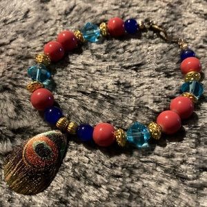 Metallic Peacock Feather Bracelet w/ Blue Glass